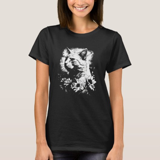 T-shirt beautiful cat and sunflower silhouette portrait  w (Devant)