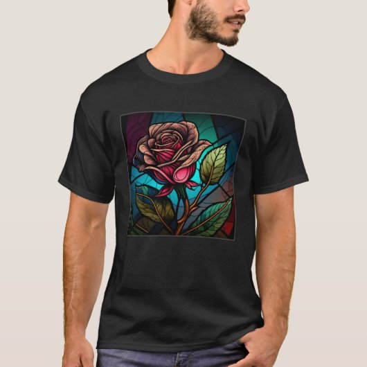 T-shirt Beautiful Roses Illustration Stained Glass Realist (Devant)