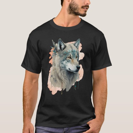 T-shirt Beautiful Wolf Portrait Bohemian Watercolor Wolves (Devant)