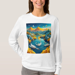 T-shirt . Beaux cygnes blancs nageant dans le lac