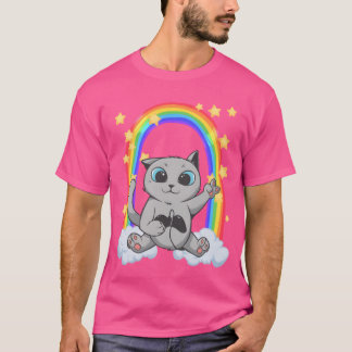 T-shirt Bébé chat joue aux jeux vidéo arc-en-ciel rétro