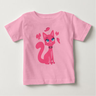 T-shirt bébé chatte caricature rose et papillons