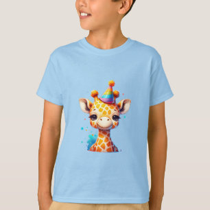 T-shirt Bébé girafe avec chapeau de fête anniversaire bleu