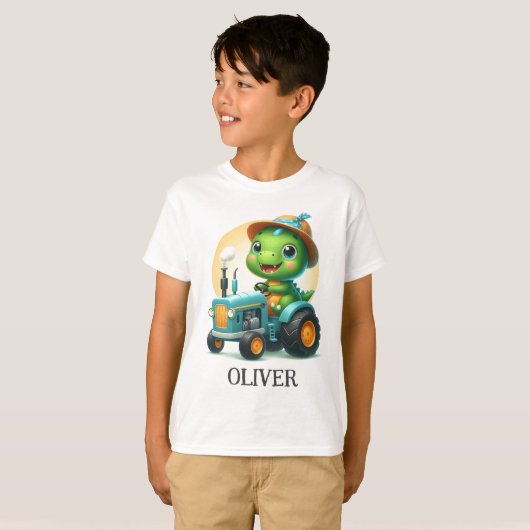 T-shirt Bébé mignon Trex Dinosaur conduire un tracteur ble (Devant entier)