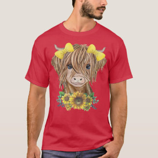 T-shirt Bébé mignon vache Highland avec Sunflowers Farm
