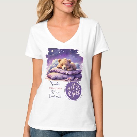 T-shirt Bébé ours dormant violet Galaxy Baby shower fille (Devant)