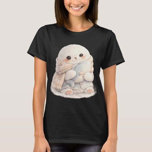T-shirt Bébé phoque mignon portant une écharpe et serrant (Devant)