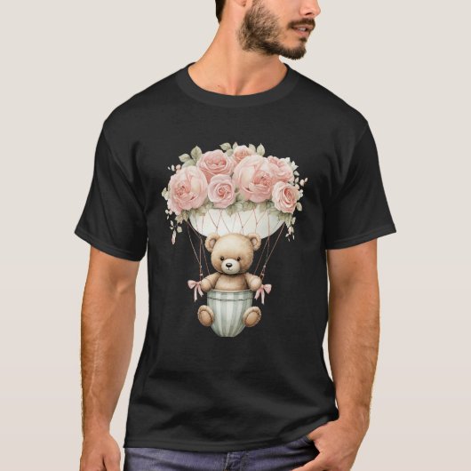 T-shirt Bébé Teddy Ours rose pivoine Fleur à air chaud (Devant)