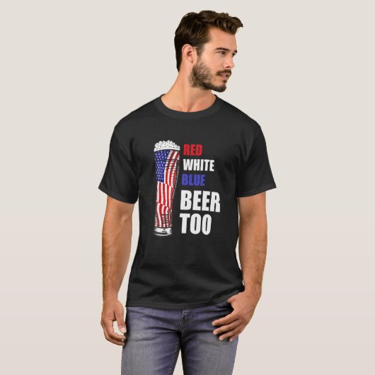 T-shirt Beer Patriotique Rouge Blanc Bleu Bière Trop Ameri (Devant entier)