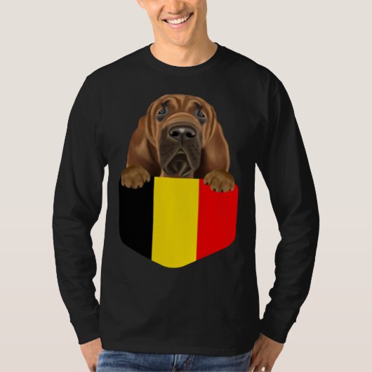 T-shirt Belgium Flag Bloodhound Dog In Pocket (Devant)