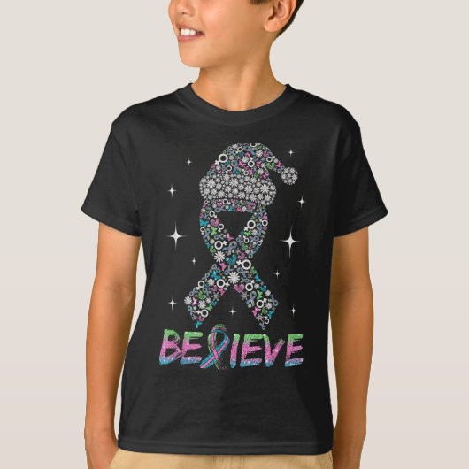 T-shirt Believe Green Teal Nk Ribbon Xmas Metastatic Breas (Devant)