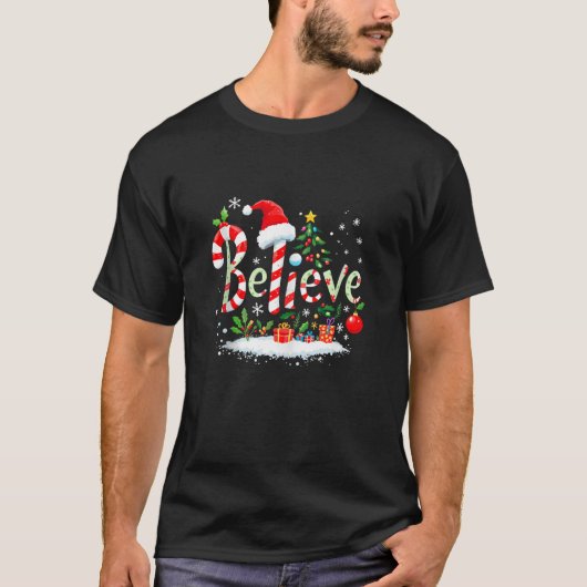 T-shirt Believe Santa Believer Christmas Candy Cane Xmas F (Devant)