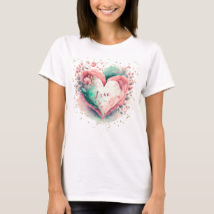 T-shirt Belle aquarelle rose et vert coeur floral