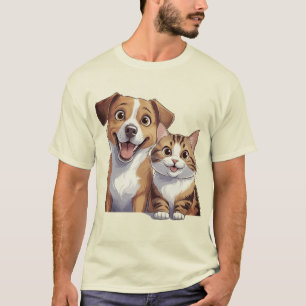 T-shirt Belle Cartoon Chien et Chat Art Imprimer - Animaux