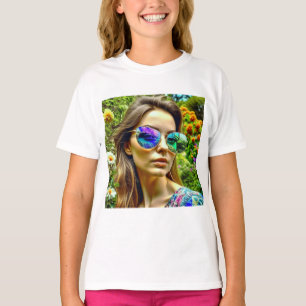 T-shirt Belle Fille avec Reflet de Lunettes de Soleil Fleu