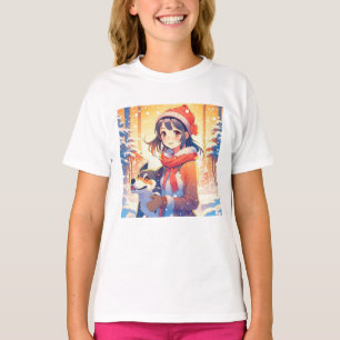 T-shirt Belle Fille d'Anime avec Chien Husky Noël
