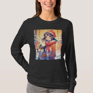 T-shirt Belle Fille d'Anime avec Chien Husky Noël