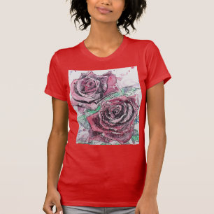T-shirt Belle rose rouge et encre aquarelle peinture