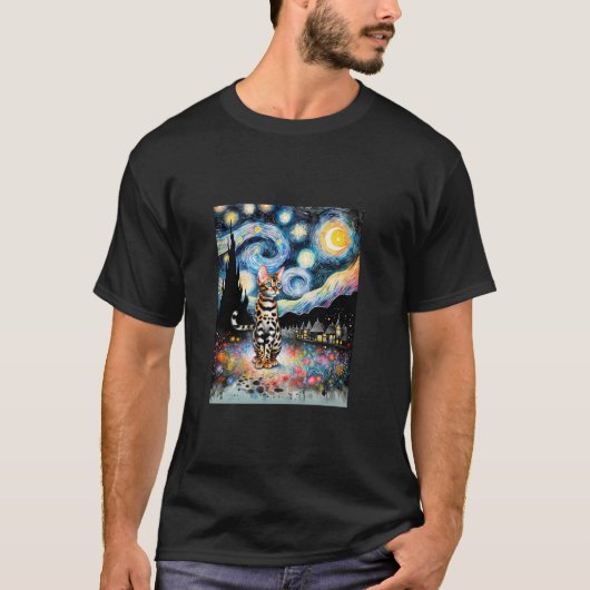 T-shirt Bengal Chat Van Gogh Starry Peinture de nuit longu (Devant)