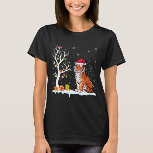 T-shirt Bengal Tiger Santa Hat Festive Tree Light Christma (Devant)