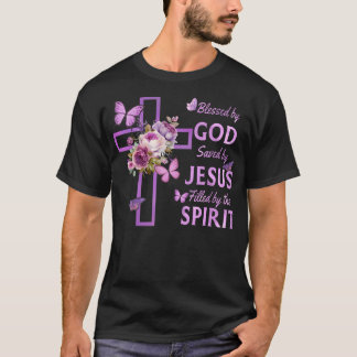 T-shirt Béni Par Dieu Sauvé Par Jésus Croix Florale Violet