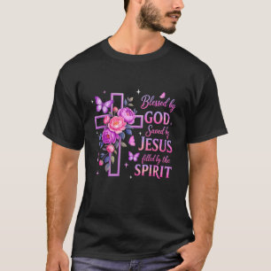 T-shirt Béni Par Dieu Sauvé Par Jésus Croix Florale Violet