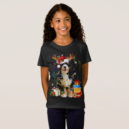 T-Shirt Bernedoodle Reindeer Feux de Noël Drôle Chien Xm (Devant entier)