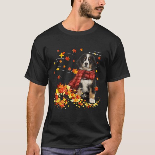T-shirt Bernese Mountain Fall Red Scarf Autumn Leaf Cadeau (Devant)