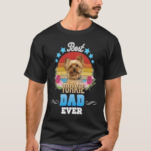 T-shirt Best Dog Dad Ever Yorkie Floral Retro Father Day L (Devant)