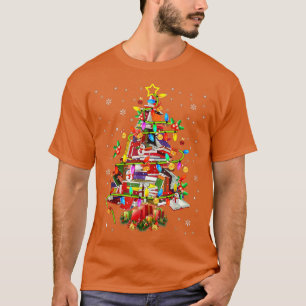 T-shirt Bibliothèque d'arbres Xmas Lumières Bibliothèque d