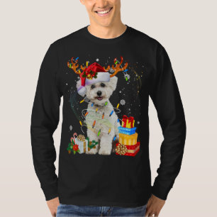 T-shirt Bichon Frise Reindeer Feux de Noël Lumières Drôle