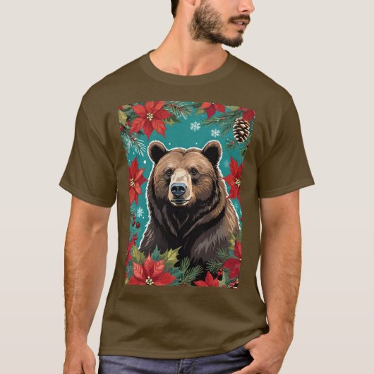 T-shirt Big Christmas Brown Bear With Poinsettias (Devant)