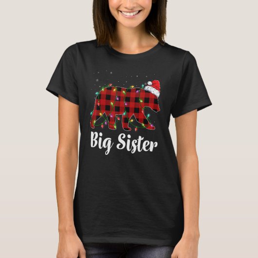 T-shirt Big Sister Bear Buffalo Red Plaid Matching Family (Devant)