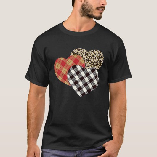 T-shirt Big Three Hearts Leopard Buffalo Plaid Valentine' (Devant)