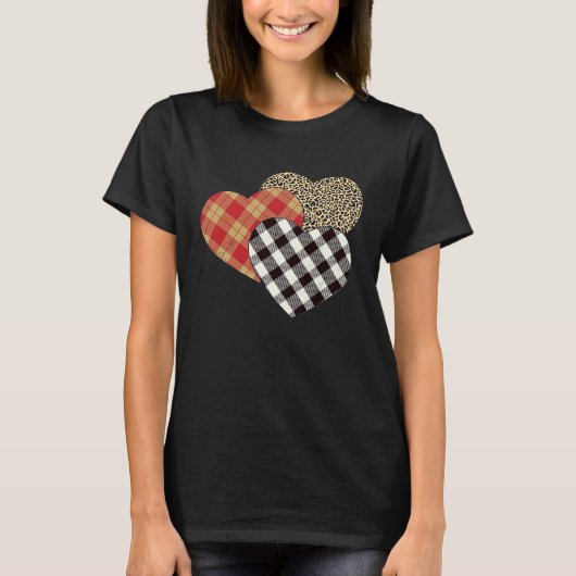 T-shirt Big Three Hearts Leopard Buffalo Plaid  Valentine' (Devant)