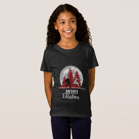 T-Shirt Bigfoot Buffalo Plaid Christmas Tree Lune and Rein (Devant entier)