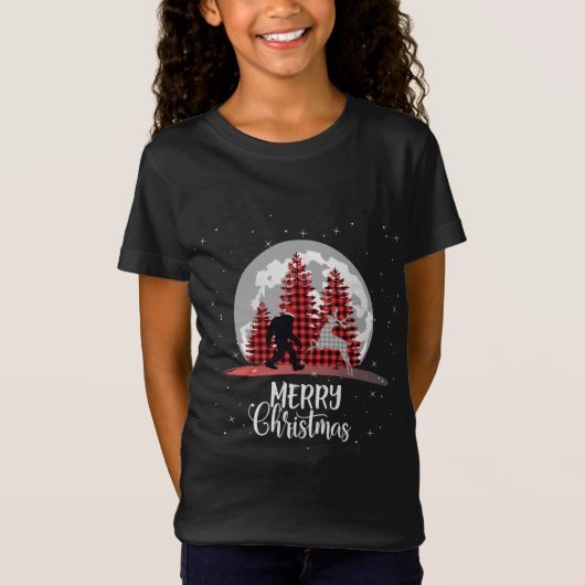 T-Shirt Bigfoot Buffalo Plaid Christmas Tree Lune and Rein (Devant)