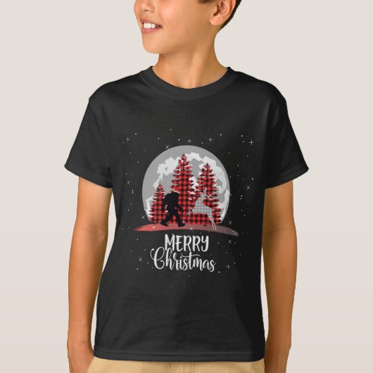 T-shirt Bigfoot Buffalo Plaid Christmas Tree Lune and Rein (Devant)