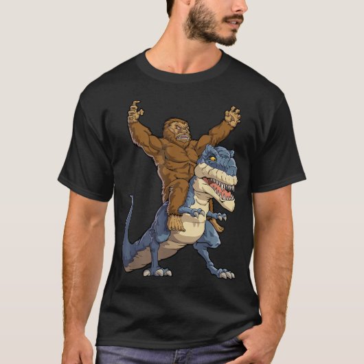 T-shirt Bigfoot Riding T-Rex Funny Design (Devant)
