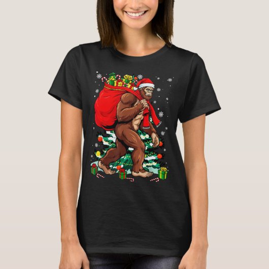 T-shirt Bigfoot Santa Carrying Christmas Bag Xmas Hat Sasq (Devant)