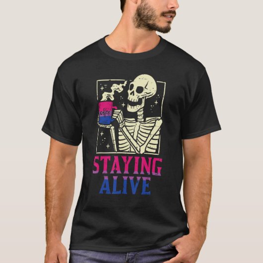 T-shirt Bisexual Skeleton Staying Alive Bi Pride Flag Lgbt (Devant)