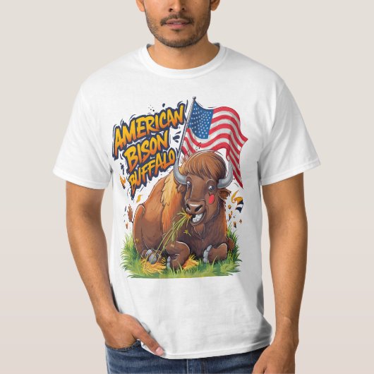 T-shirt Bison avec drapeau américain dans l'herbe (Devant)