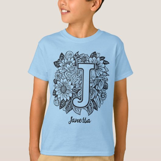 T-shirt Black and White Tattoo Flowers Monogram Letter J (Devant)