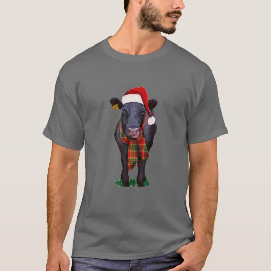 T-shirt Black Angus Vache Père Noël, Bonjour Thankm (Devant)