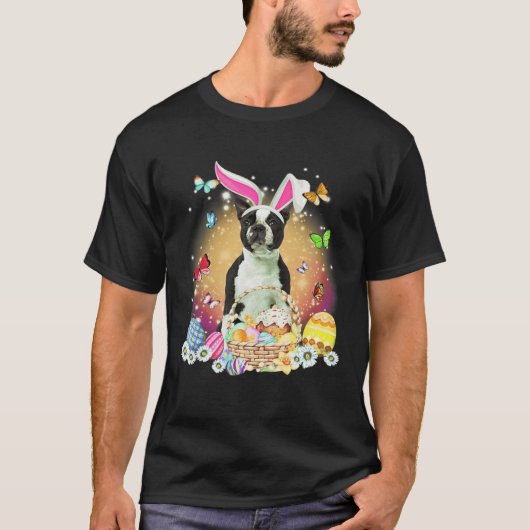T-shirt Black Boston Terrier Dog Bunny Easter Eggs Basket  (Devant)