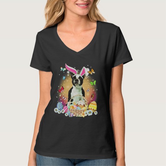 T-shirt Black Boston Terrier Dog Bunny Easter Eggs Basket  (Devant)