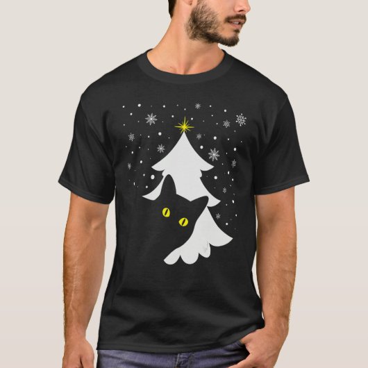 T-shirt Black Cat and Christmas Tree   Cat Xmas   (Devant)
