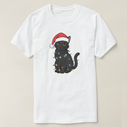T-shirt Black Cat Christmas Lights – Funny Santa Kitten (Design devant)