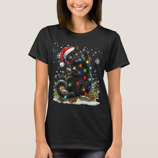 T-shirt Black Cat Christmas Santa Hat Funny Meowy Catmas (Devant)