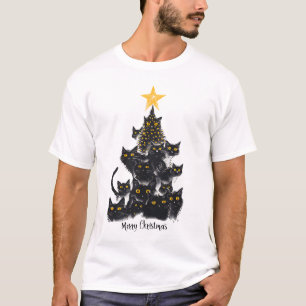 T-shirt Black Cat Christmas Tree Design Étoiles Étincelant
